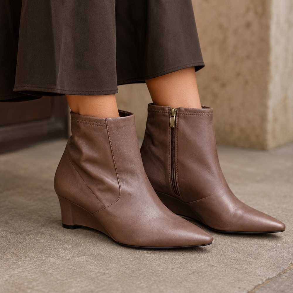 Franco Sarto Wedge Heel Ankle Booties Pointed Toe Brown Faux Leather Size